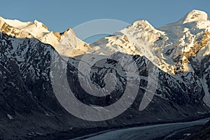 Sunset at Drang-Drung Glacier with a maximum length of 23 kilometres at an average elevation of 4,780Â m (15,680 feet)in the